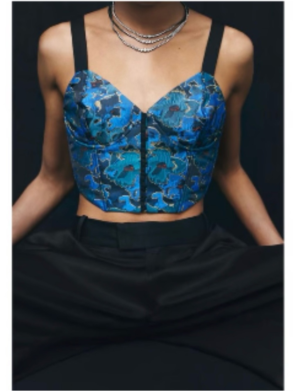 Zara Blue Floral Brocade Bustier Crop Top with Black Straps